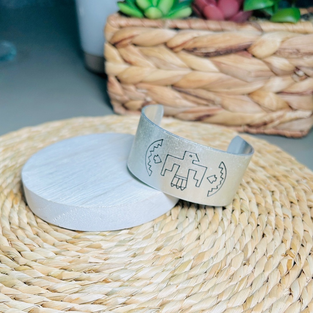 Thunderbird Etched Souvenir Silver Tone Cuff Bracelet, vintage